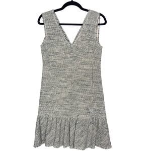 New Rebecca Taylor 4 Blue Gray Sleeveless Tweed V Neck Dress Ruffled Hem Cotton